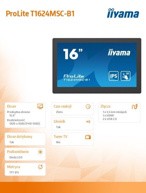 Monitor 15.6 cali T1624MSC-B1 IPS,poj.10pkt.450cd,24/7,media player,6H IIYAMA