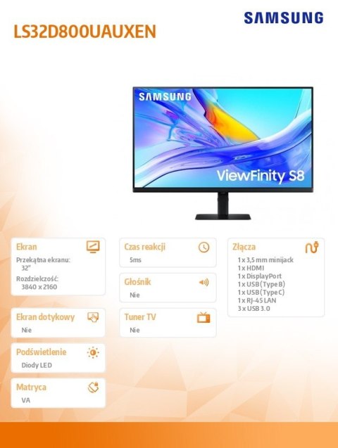 Monitor 32 cali ViewFinity S80UD IPS 3840x2160 UHD 16:9 1xHDMI 1xDP 1xUSB-C 90W 3xUSB 3.0 LAN KVM 5ms PinP/PbyP 60Hz HAS+PIV pła Samsung Monitor 32 cali ViewFinity S80UD IPS 3840x2160 UHD 16:9 1xHDMI 1xDP 1xUSB-C 90W 3xUSB 3.0 LAN KVM 5ms PinP/PbyP 60Hz HAS+PIV pła Samsung