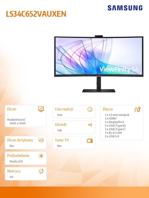 Monitor 34 cale ViewFinity S65VC VA 3440x1440 UWQHD 21:9 1xHDMI 1xDP 1xUSB-C (90W) 2xUSB 3.0 LAN (RJ45) 5ms HAS Webcam głośniki Samsung Monitor 34 cale ViewFinity S65VC VA 3440x1440 UWQHD 21:9 1xHDMI 1xDP 1xUSB-C (90W) 2xUSB 3.0 LAN (RJ45) 5ms HAS Webcam głośniki Samsung