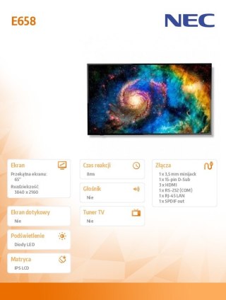 Monitor wielkoformatowy 65 cala MultiSync E658 UHD 350cd/m2 16/7 NEC