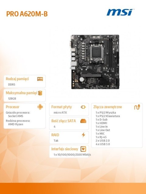 Płyta główna PRO A620M-B AM5 2DDR5 HDMI/M2 mATX MSI