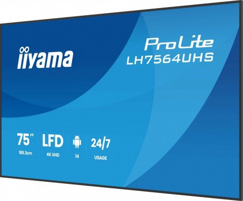 Monitor 75 cali LH7564UHS-B1AG, 24/7,VA,ANDROID14,4K,500cd,5000:1, 2xHDMI ,USB-C,RJ45, RS-232c, IR, 2x10W, 2xUSB, UCHWYT ŚCIE IIYAMA