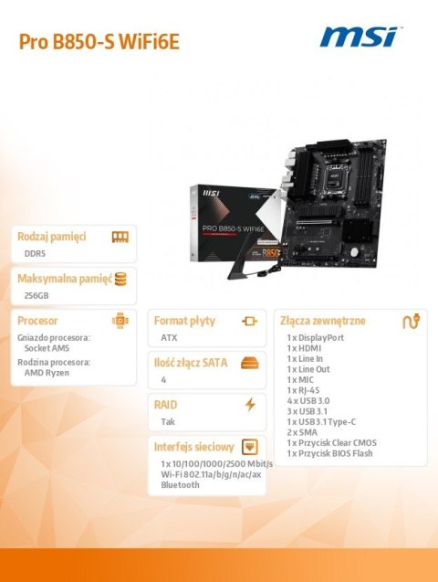 Płyta główna PRO B850-S WIFI6E AM5 4DDR5 ATX MSI