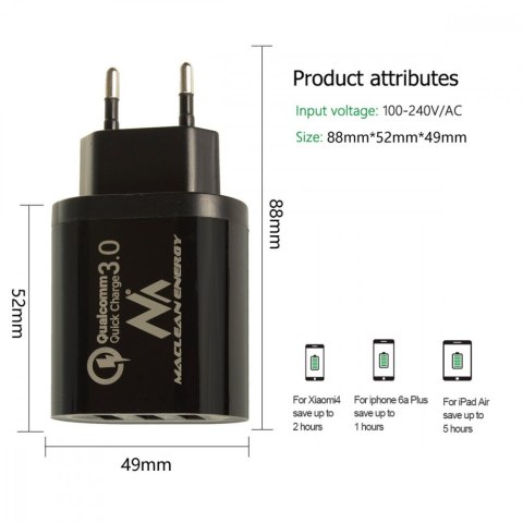 Ładowarka sieciowa QC 3xUSB MCE479B Maclean