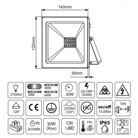 Naświetlacz Led Slim 30 W 2400lm MCE530 CW Maclean
