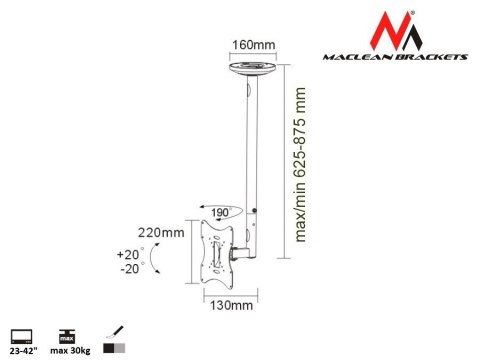 Uchwyt do telewizora sufitowy 23-42" 50 - 85 cm 30kg MC-504A B srebrny TV Maclean