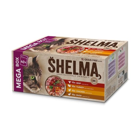 SHELMA saszetki - pełnoporcjowa bezzbożowa karma dla dorosłych kotów. Z wołowiną, kaczką, kurczakiem i indykiem. 40x85g SHELMA saszetki - pełnoporcjowa bezzbożowa karma dla dorosłych kotów. Z wołowiną, kaczką, kurczakiem i indykiem. 40x85g