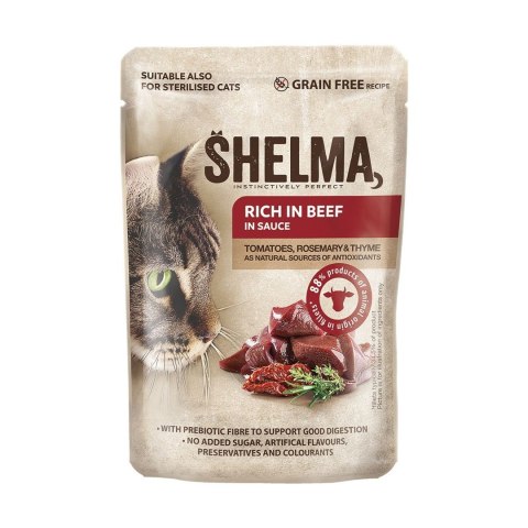 SHELMA saszetki - pełnoporcjowa bezzbożowa karma dla dorosłych kotów. Z wołowiną, kaczką, kurczakiem i indykiem. 40x85g SHELMA saszetki - pełnoporcjowa bezzbożowa karma dla dorosłych kotów. Z wołowiną, kaczką, kurczakiem i indykiem. 40x85g