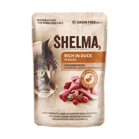 SHELMA saszetki - pełnoporcjowa bezzbożowa karma dla dorosłych kotów. Z wołowiną, kaczką, kurczakiem i indykiem. 40x85g SHELMA saszetki - pełnoporcjowa bezzbożowa karma dla dorosłych kotów. Z wołowiną, kaczką, kurczakiem i indykiem. 40x85g