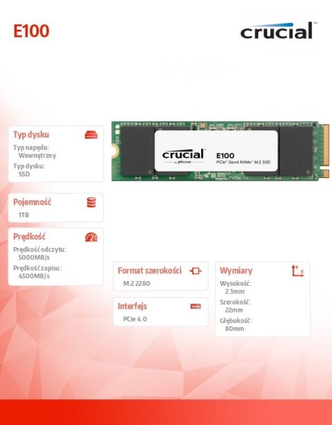 Dysk SSD E100 1TB M.2 NVMe 2280 PCIe 4.0 5000/4500 MB/s Crucial Dysk SSD E100 1TB M.2 NVMe 2280 PCIe 4.0 5000/4500 MB/s Crucial