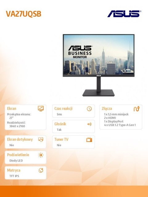 Monitor 27 cali VA27UQSB DP+HDMI*2+SPK+USB Asus Monitor 27 cali VA27UQSB DP+HDMI*2+SPK+USB Asus