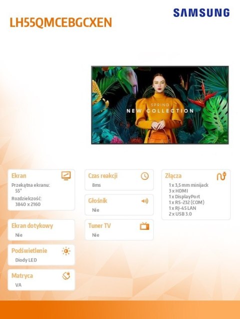 Monitor profesjonalny QM55C 55 cali Matowy 24h/7 500(cd/m2) 3840 x 2160 (UHD) S10 Player (Tizen 7) WiFi/BT 3 lata On-Site (LH55Q Samsung