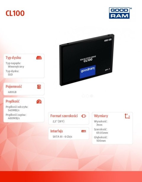 Dysk CL100 G3 480GB SATA3 2,5 GOODRAM Dysk CL100 G3 480GB SATA3 2,5 GOODRAM
