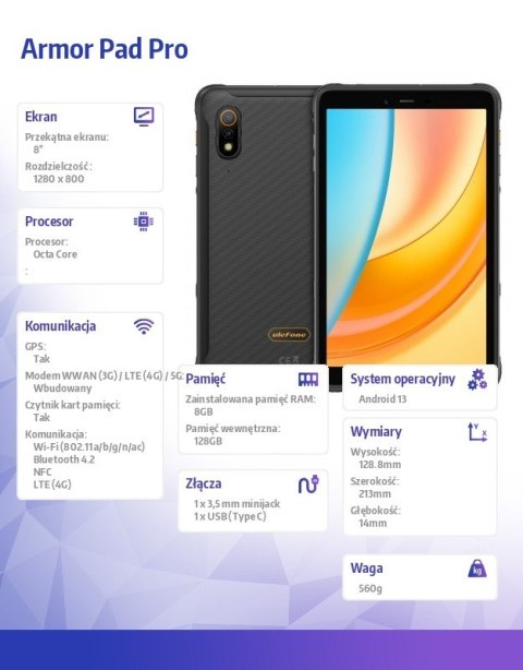 Tablet Armor Pad Pro 4G 8" 8/128GB IP69K Czarny ULEFONE