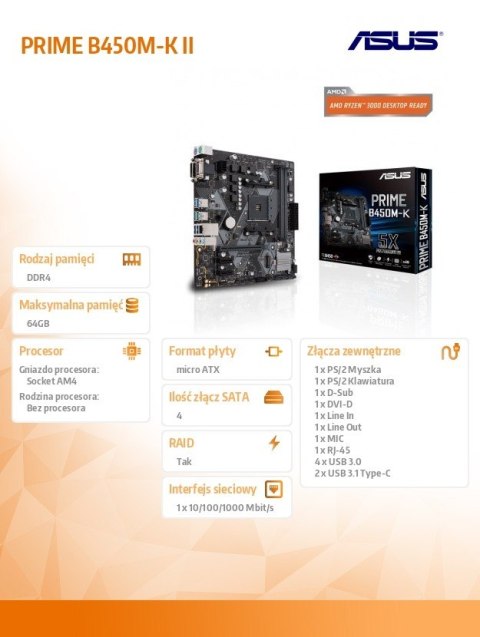 Płyta główna PRIME B450M-K II AM4 2D DR4 DVI/DSUB/USB3.1/M.2 mATX Asus Płyta główna PRIME B450M-K II AM4 2D DR4 DVI/DSUB/USB3.1/M.2 mATX Asus