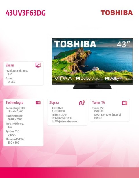 Telewizor LED 43 cale 43UV3F63DG Toshiba