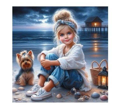 Diamentowa mozaika - Dziewczynka siedząca z pieskiem na plaży