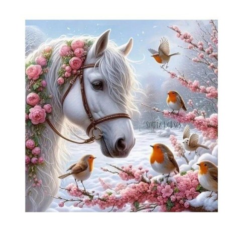 Diamentowa mozaika - Koń zimą z rudzikami