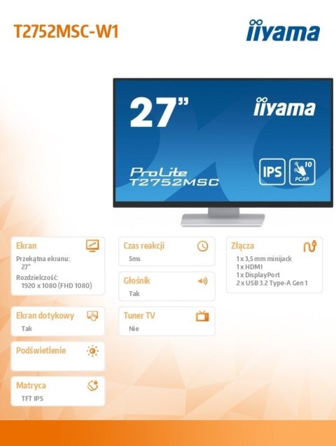 Monitor 27 cali T2752MSC-W1 10 PKT. POJ,IPS,HDMI,DP,2x2USB(3.2),2x1W400cd/m2,7H IIYAMA