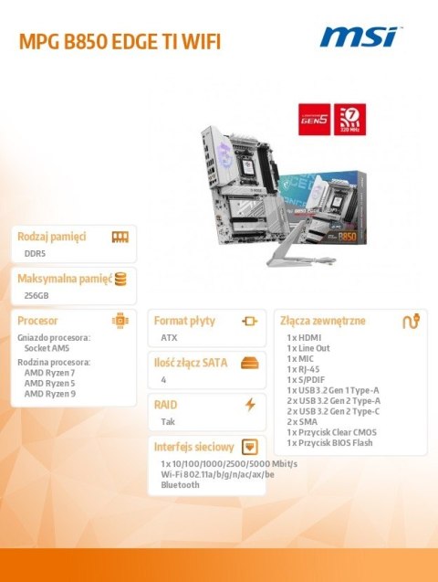 Płyta główna MPG B850 EDGE TI WIFI AM5 4DDR5 ATX MSI