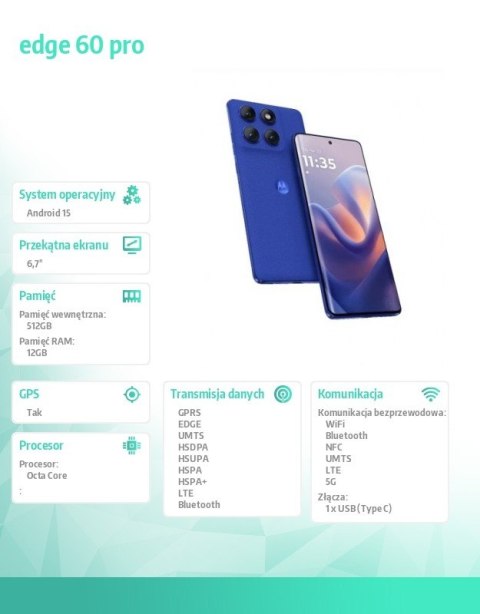Smartfon edge 60 pro 12/512GB Dazzling Blue Motorola Smartfon edge 60 pro 12/512GB Dazzling Blue Motorola