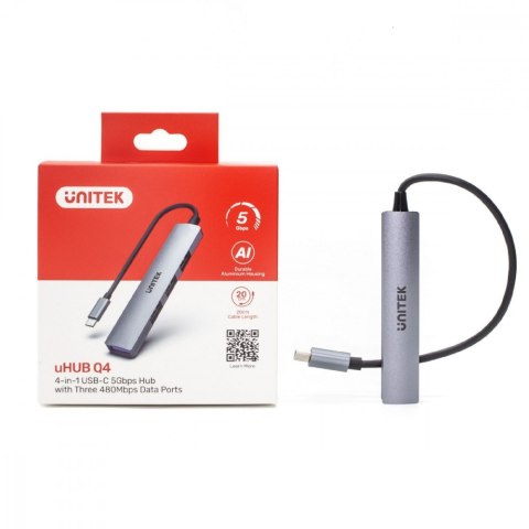 HUB USB-C; 3x USB-A 2.0 1x USB-A 5 Gbps Aluminiowy Unitek