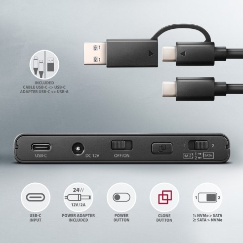 ADSA-CC Adapter USB-C 10Gbps NVMe M.2 2.5/3.5 SSD&HDD Clone Master 2 AXAGON