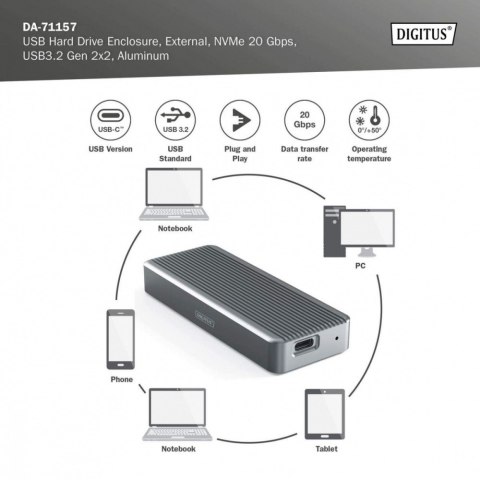 Obudowa USB 3.2 Typ C na dysk SSD M.2 NVMe 20 Gbps aluminiowa, beznarzędziowa Digitus