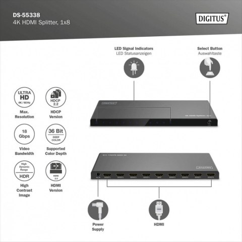 Rozdzielacz/Splitter HDMI 1x8, 4K/60Hz UHD z HDR, 18 Gbps, HDCP 2.2, EDID Digitus