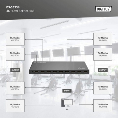 Rozdzielacz/Splitter HDMI 1x8, 4K/60Hz UHD z HDR, 18 Gbps, HDCP 2.2, EDID Digitus