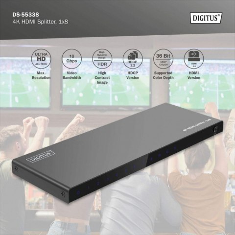 Rozdzielacz/Splitter HDMI 1x8, 4K/60Hz UHD z HDR, 18 Gbps, HDCP 2.2, EDID Digitus