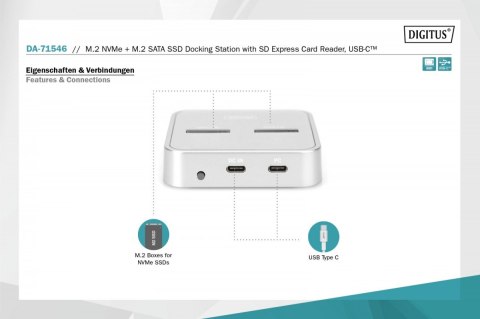 Stacja dokująca do dysków SSD M.2 NVMe + M.2 SATA z czytnikiem kart SD-Express, USB-C, Srebrna Digitus