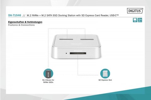 Stacja dokująca do dysków SSD M.2 NVMe + M.2 SATA z czytnikiem kart SD-Express, USB-C, Srebrna Digitus