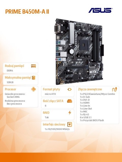 Płyta główna PRIME B450M-A II AM4 DDR4 HDMI/DVI/DSUB/M.2 mATX Asus Płyta główna PRIME B450M-A II AM4 DDR4 HDMI/DVI/DSUB/M.2 mATX Asus