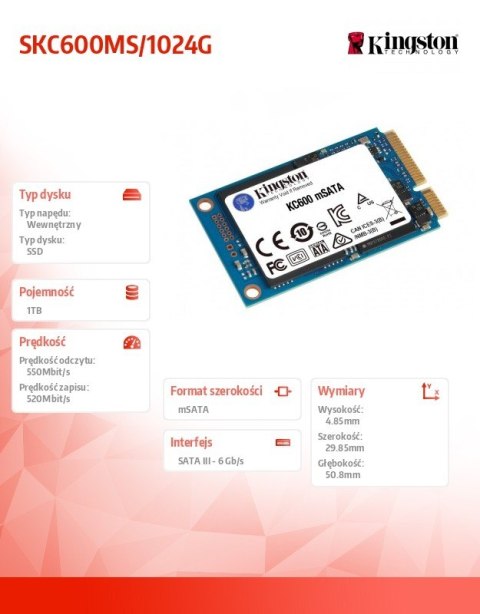 Dysk SSD SKC600 1024GB mSATA 550/520 MB/s Kingston