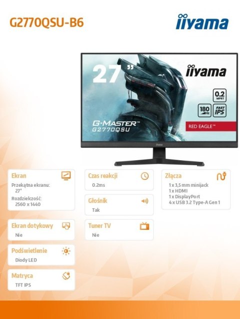 Monitor 27 cali G2770Q 0.2ms, IPS, DP, HDMI, 180Hz IIYAMA