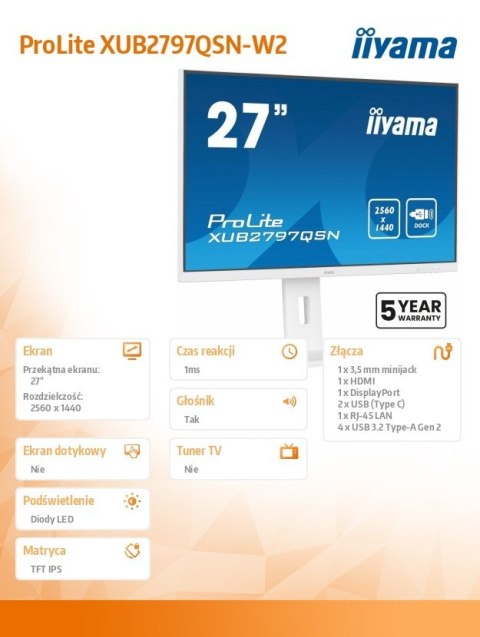 Monitor 27 cali XUB2797QSN-W2 IPS,QHD,USB-c Dock,HDMI,DP,PD-65W,2x2W, 4xUSB(3.2),300cd/m2,80M:1,sRGB:99%/5y/ IIYAMA