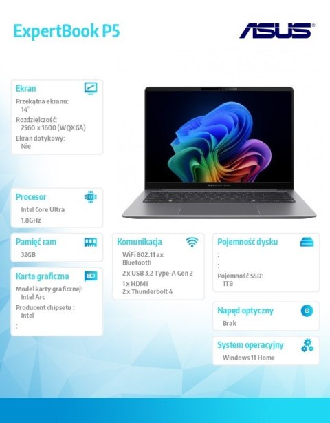 Notebook ExpertBook P5 P5405CSA-NZ0417W Ultra 7 258V 32GB/1TB Win 11Home/3YRS Copilot+PC Asus Notebook ExpertBook P5 P5405CSA-NZ0417W Ultra 7 258V 32GB/1TB Win 11Home/3YRS Copilot+PC Asus