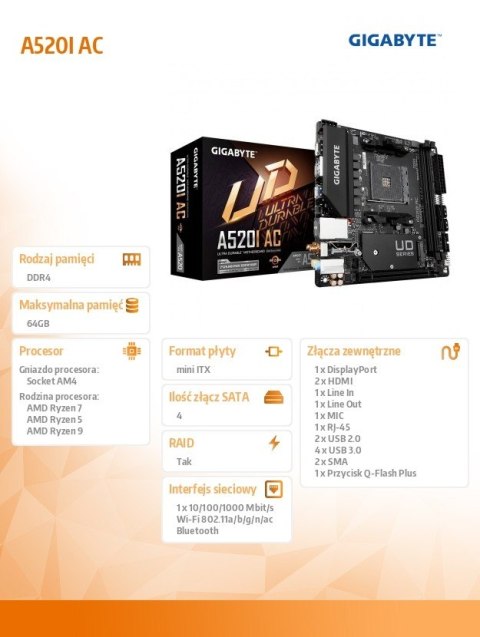 Płyta główna A520I AC AM4 2DDR4 DP/2HDMI mITX Gigabyte Płyta główna A520I AC AM4 2DDR4 DP/2HDMI mITX Gigabyte