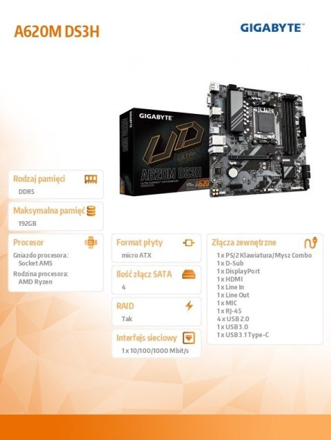 Płyta główna A620M DS3H AM5 4DDR5 HDMI/DP M.2 mATX Gigabyte Płyta główna A620M DS3H AM5 4DDR5 HDMI/DP M.2 mATX Gigabyte