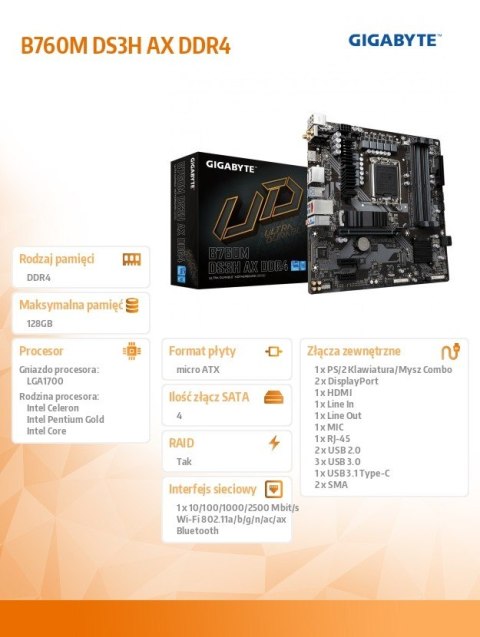 Płyta główna B760M DS3H AX DDR4 s1700 4DDR4 HDMI mATX Gigabyte Płyta główna B760M DS3H AX DDR4 s1700 4DDR4 HDMI mATX Gigabyte