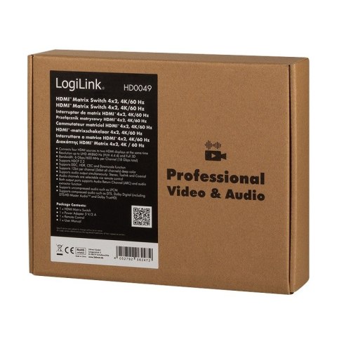 Switch 4x2 HDMI, 4K 60Hz, z pilotem LogiLink