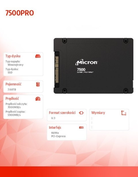 Dysk SSD 7500PRO 7680GB NVMe U.3 15mm Single Pack Micron