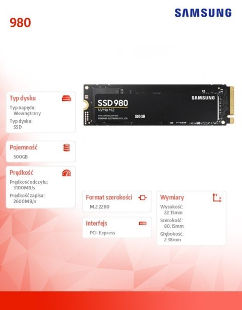 Dysk SSD 980 500GB Gen3.0x4 NVMeMZ-V8V500B Samsung