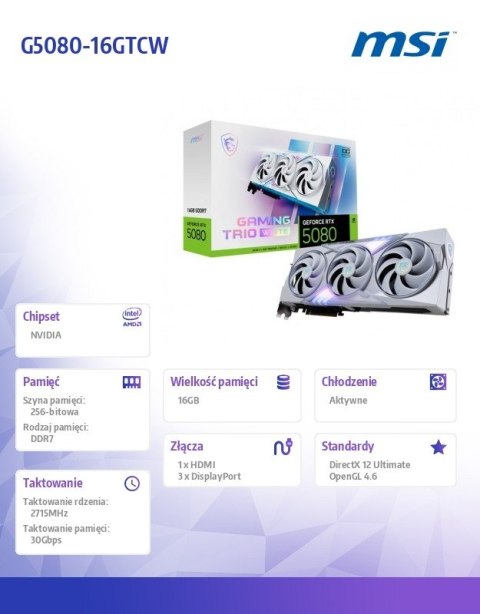 Karta graficzna GeForce RTX 5080 GAMING TRIO OC WHITE 16G GDDR7 256bit MSI