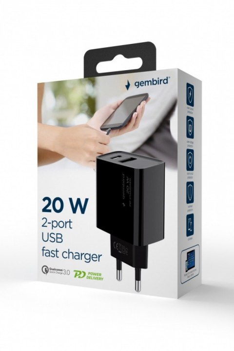 Ładowarka PowerDelivery USB-A USB-C 20W Czarna Gembird