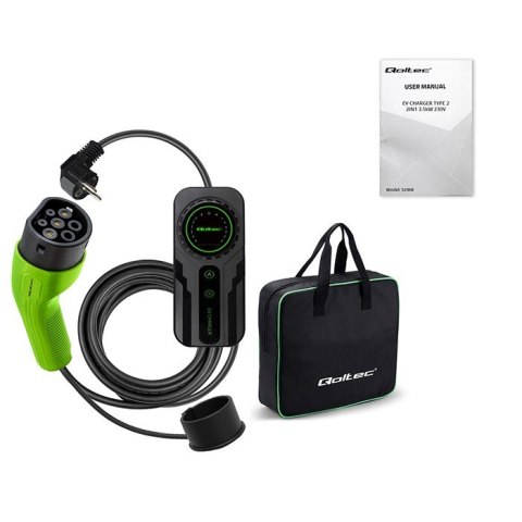 Mobilna ładowarka do samochodu elektrycznego EV z regulacją 2w1 Typ2 | Schuko | 3.5kW | 230V | LCD | Przenośna | Wallbox | 5m Qoltec Mobilna ładowarka do samochodu elektrycznego EV z regulacją 2w1 Typ2 | Schuko | 3.5kW | 230V | LCD | Przenośna | Wallbox | 5m Qoltec