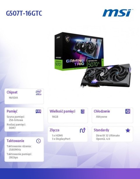 Karta graficzna GeForce RTX 5070 Ti 16G GAMING TRIO OC GDDR7 256bit HDMI/3DP MSI