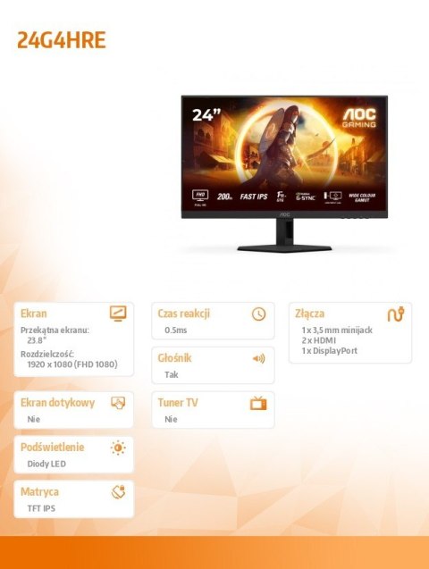 Monitor 24G4HRE 23.8 cala Fast IPS 200Hz HDMIx2 DP Głośniki