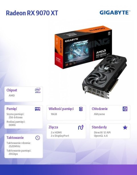 Karta graficzna Radeon RX 9070 XT GAMING OC 16GB GDDR6 256bit 2DP/2HDMI Gigabyte Karta graficzna Radeon RX 9070 XT GAMING OC 16GB GDDR6 256bit 2DP/2HDMI Gigabyte